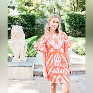 Sheridan French Vibrant Orange and Pink Abstract Ikat Patterned Dress Large